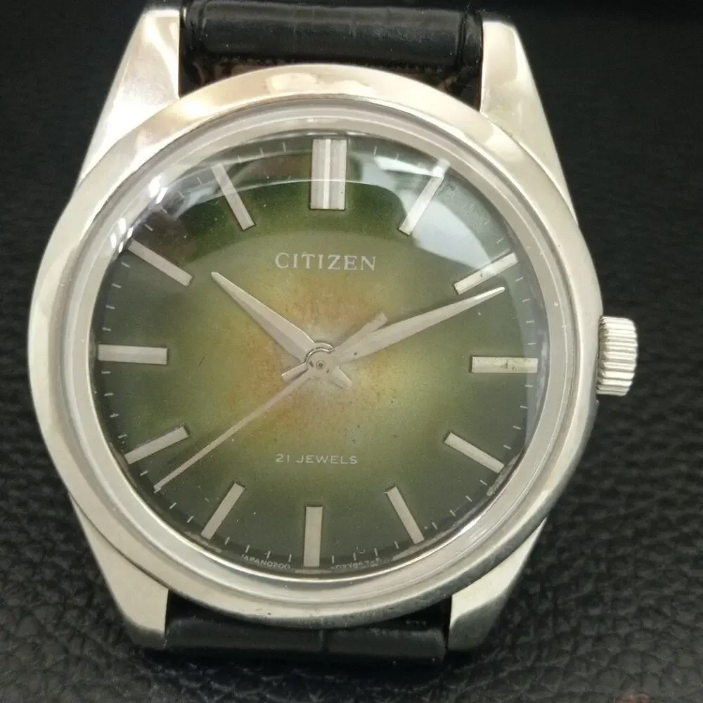 Vintage 1984 Citizen Manual Wound Mens Silver Watch & Olive accents